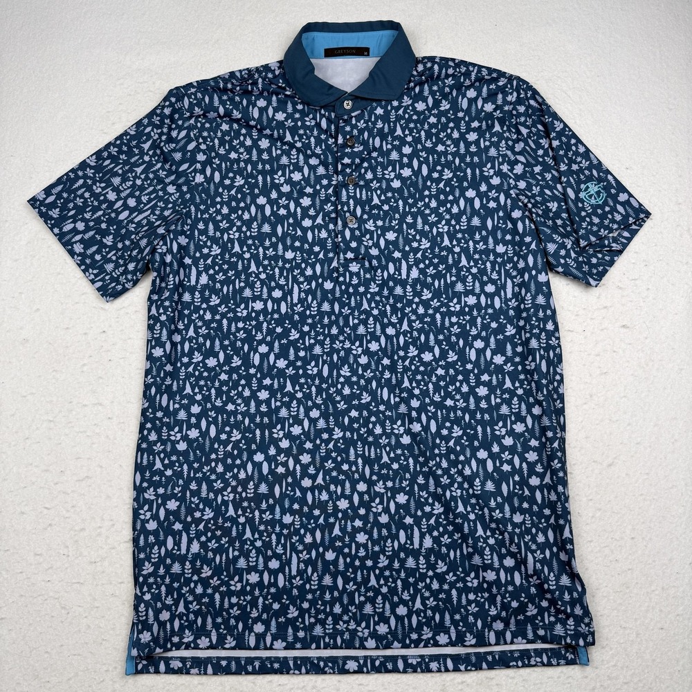 Greyson Polo Shirt Mens Medium Blue Leaf Print Golf Performance Stretch Logo
